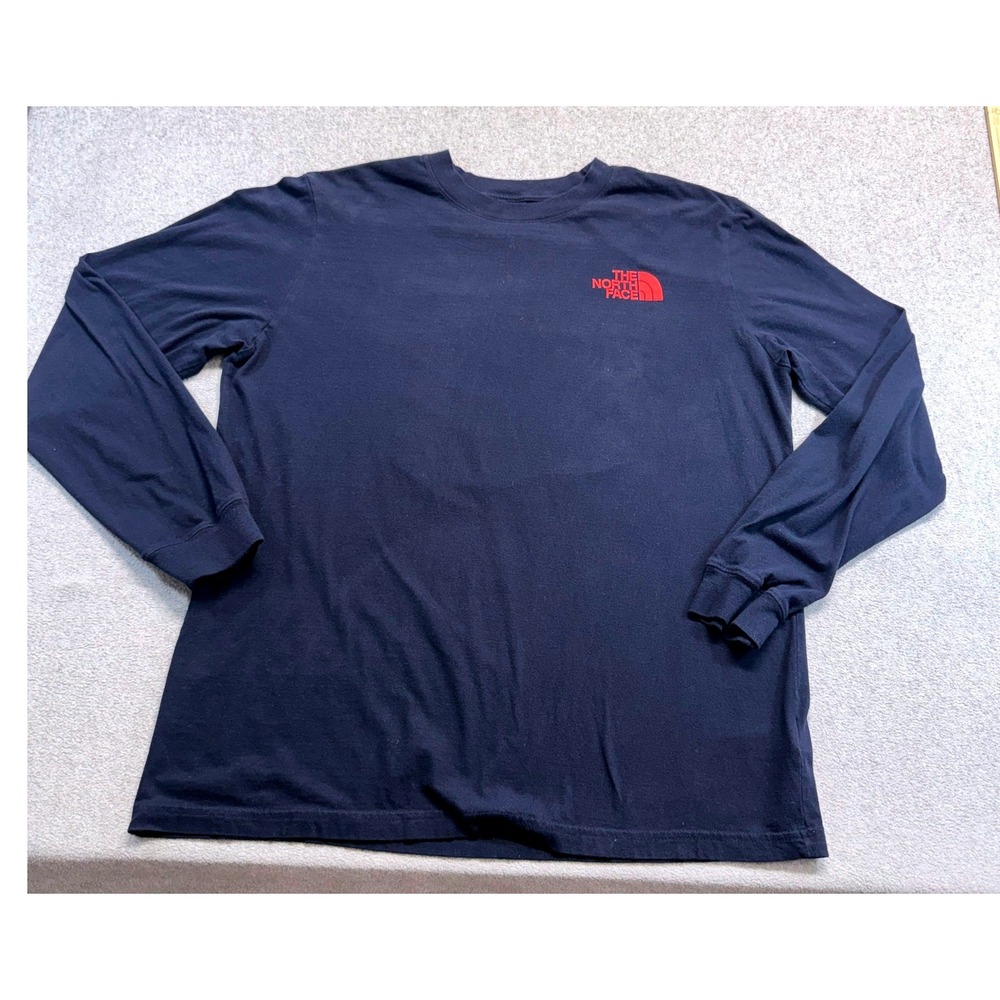 The North Face Mens L Navy Blue Long Sleeve T Shirt Red Log Outdoor Streetwear